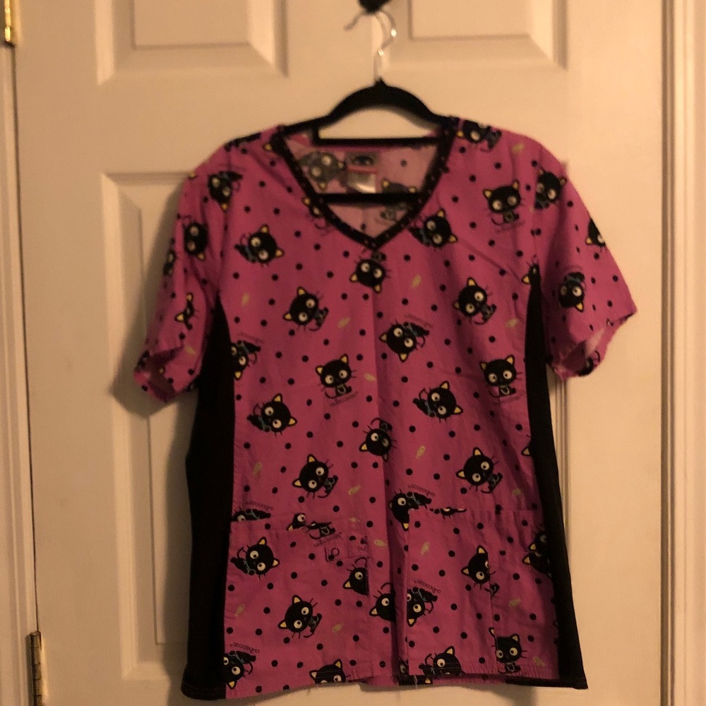 Purple Cat Print Women's Short Sleeve Top for nurses vet techs